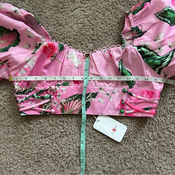 L'ATISTE Pink Ombre Green Floral Butterfly Zip Up Puff Sleeve Top NWT Size Large - Picture 11 of 12